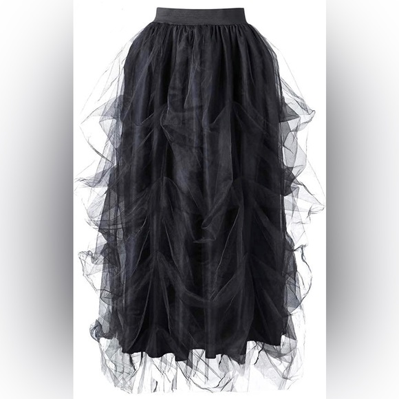 Women's Mesh Long A-Line Skirt - Black - Picture 3 of 4